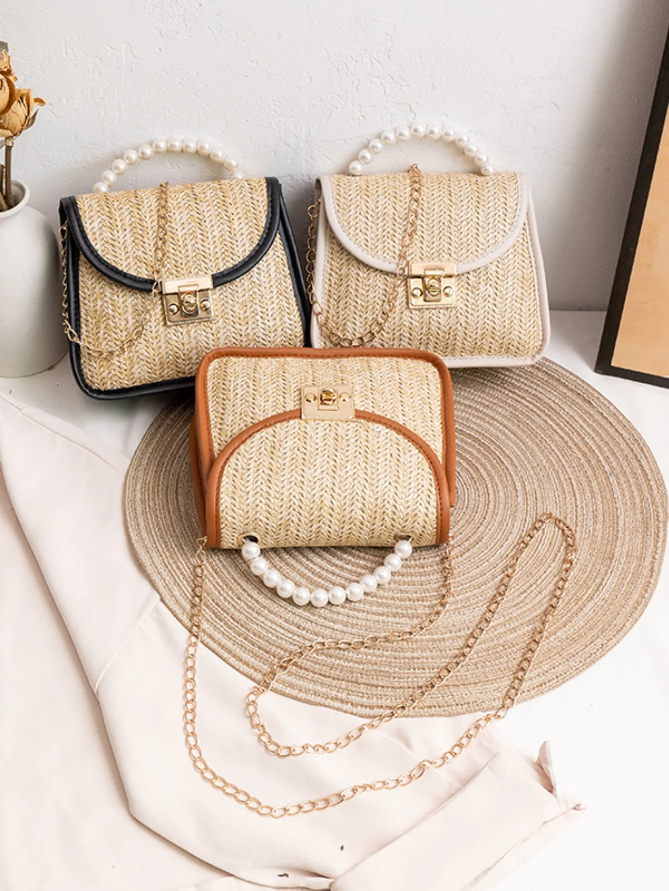 Vacation Straw Beaded Crossbody Bag