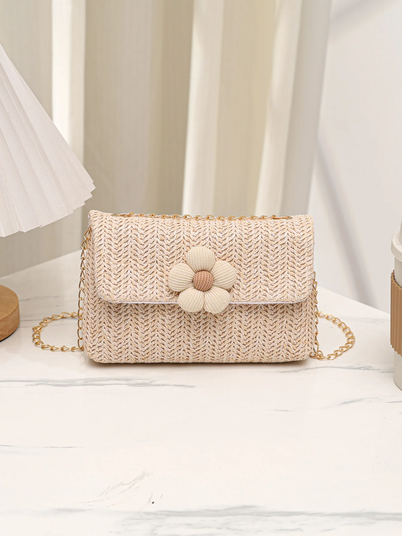 Solid Color Vacation Floral Straw Crossbody Bag