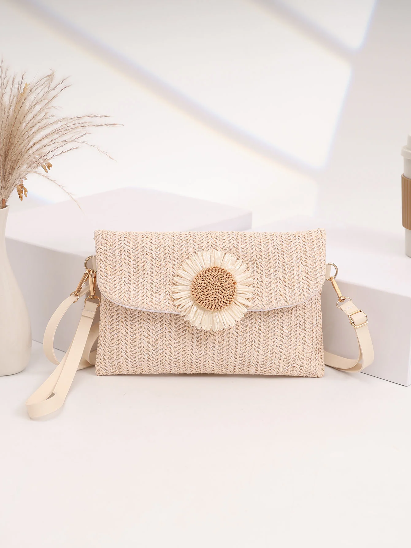 Solid Color Vacation Floral Straw Crossbody Bag