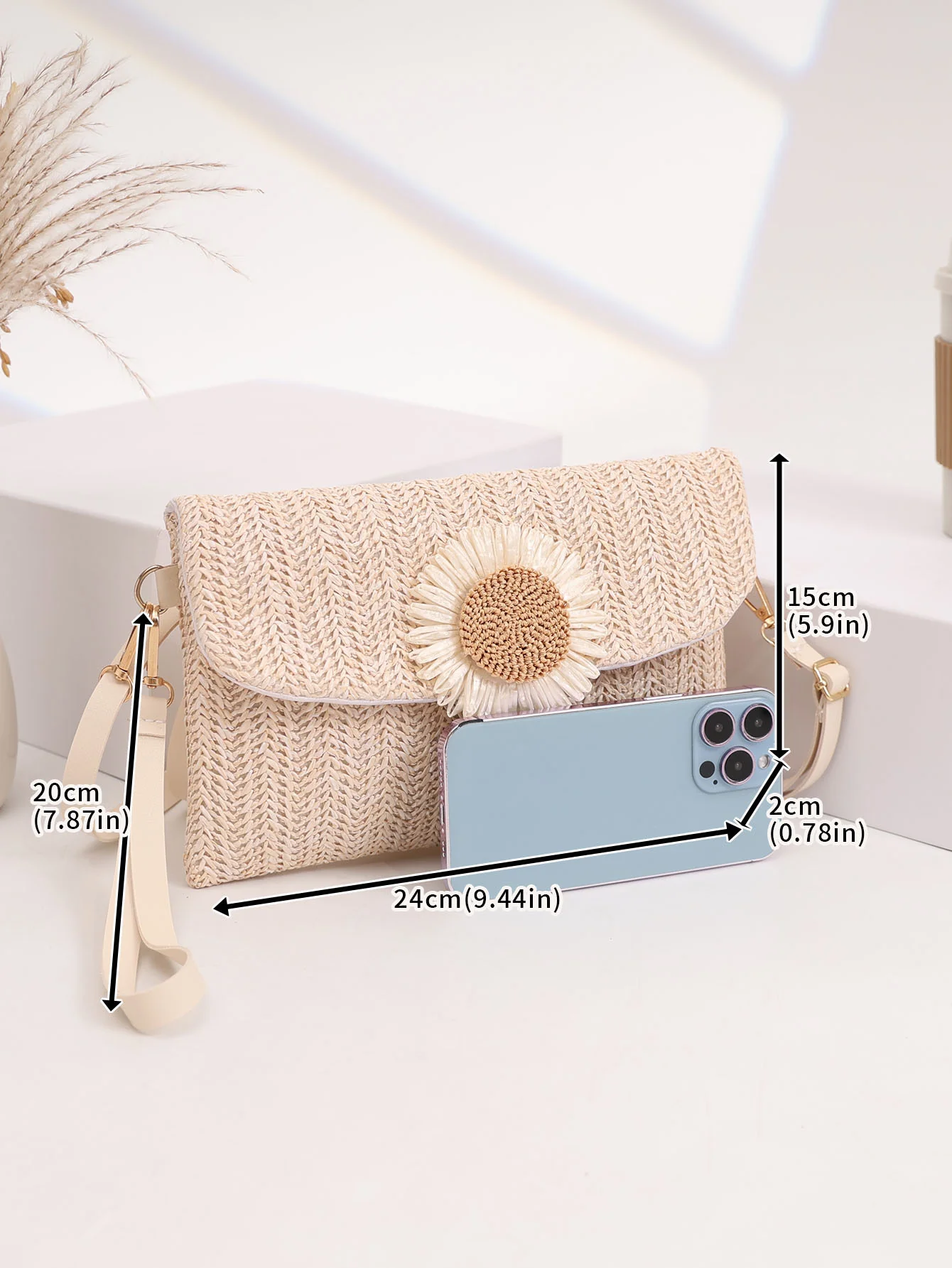 Solid Color Vacation Floral Straw Crossbody Bag - Image 2
