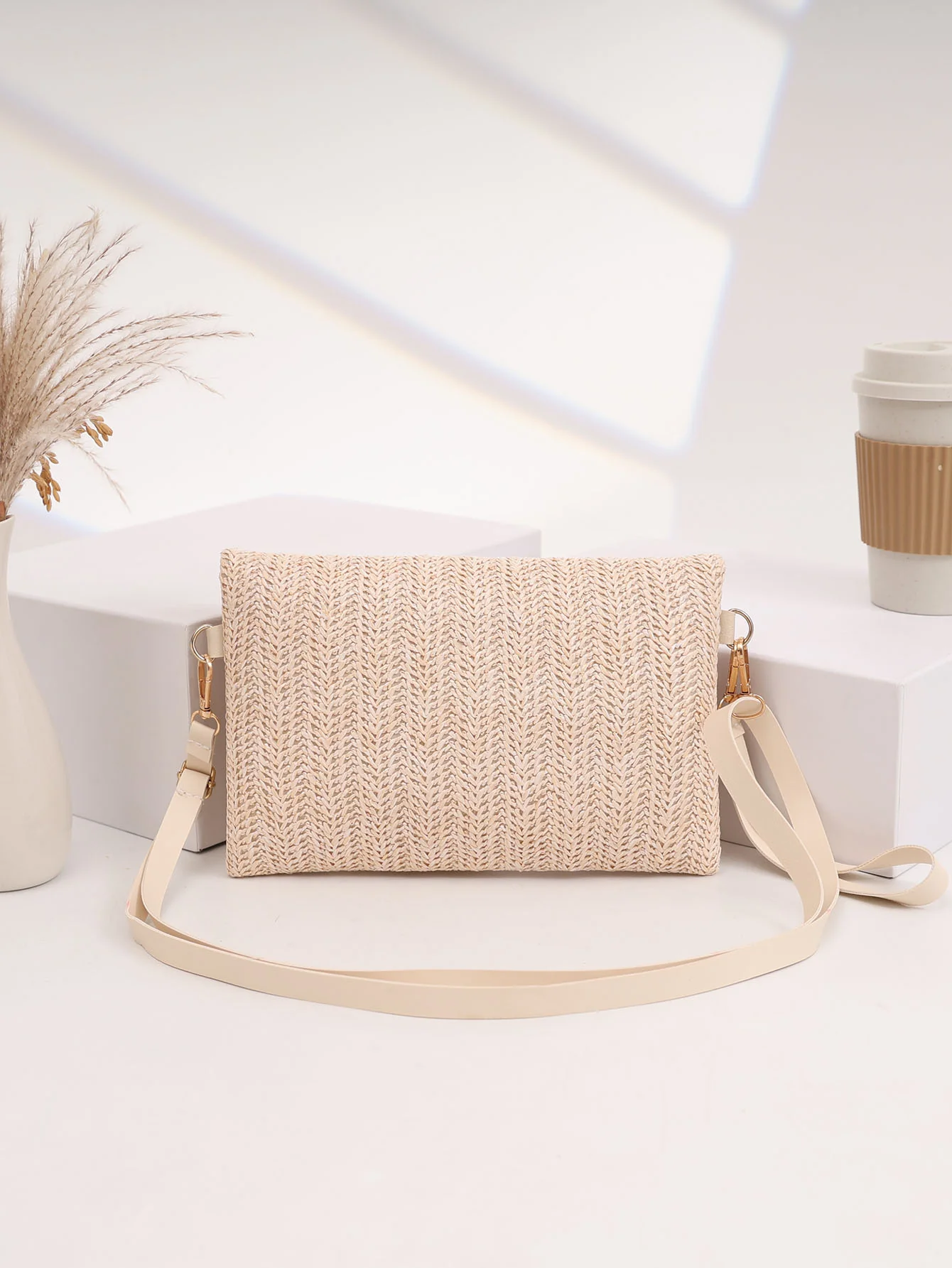 Solid Color Vacation Floral Straw Crossbody Bag - Image 3
