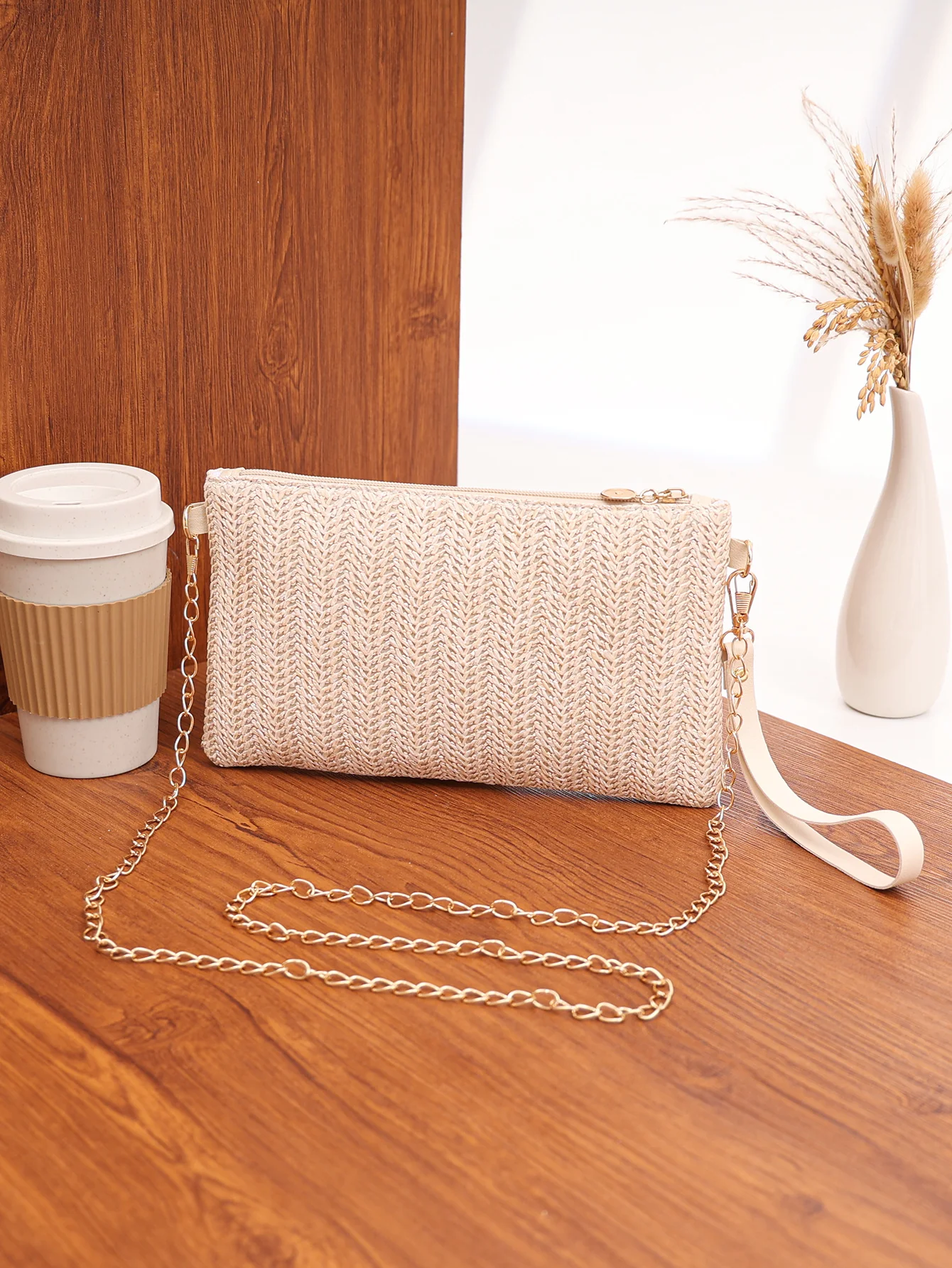 Solid Color Vacation Straw Crossbody Bag - Image 4