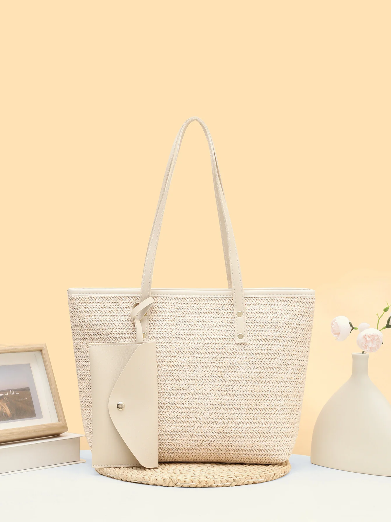 Solid Color Straw Woven Vacation Tote Bag - Image 6