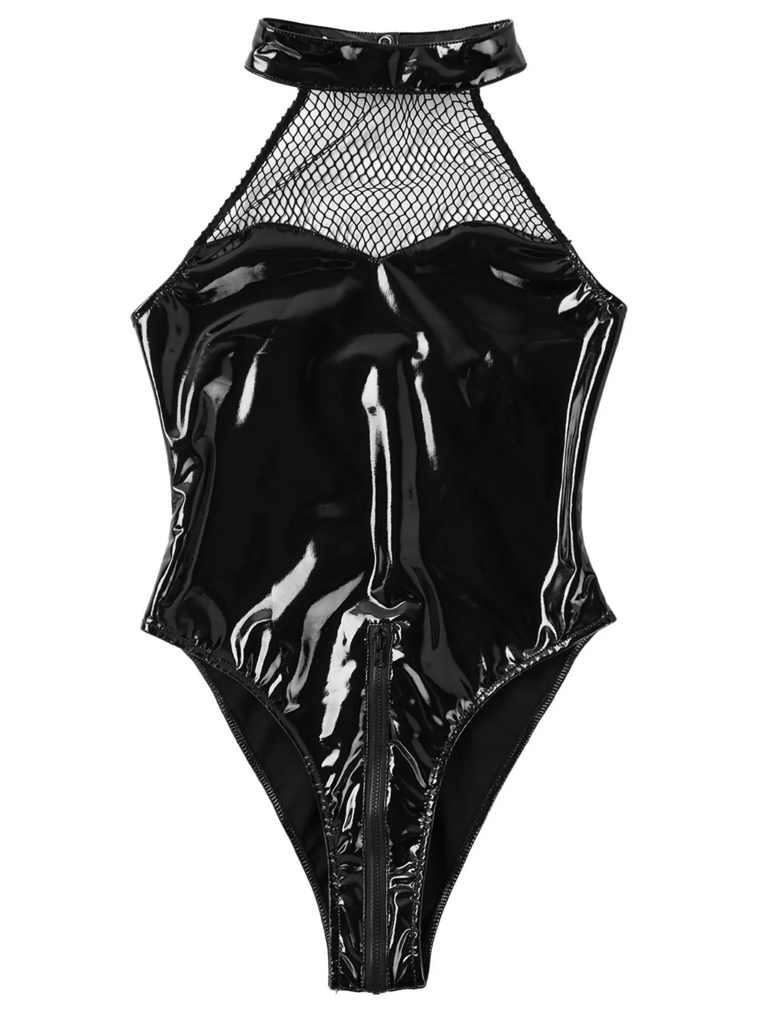 Patent Leather Mesh Halter Neck And Backless Bodysuits - Image 5