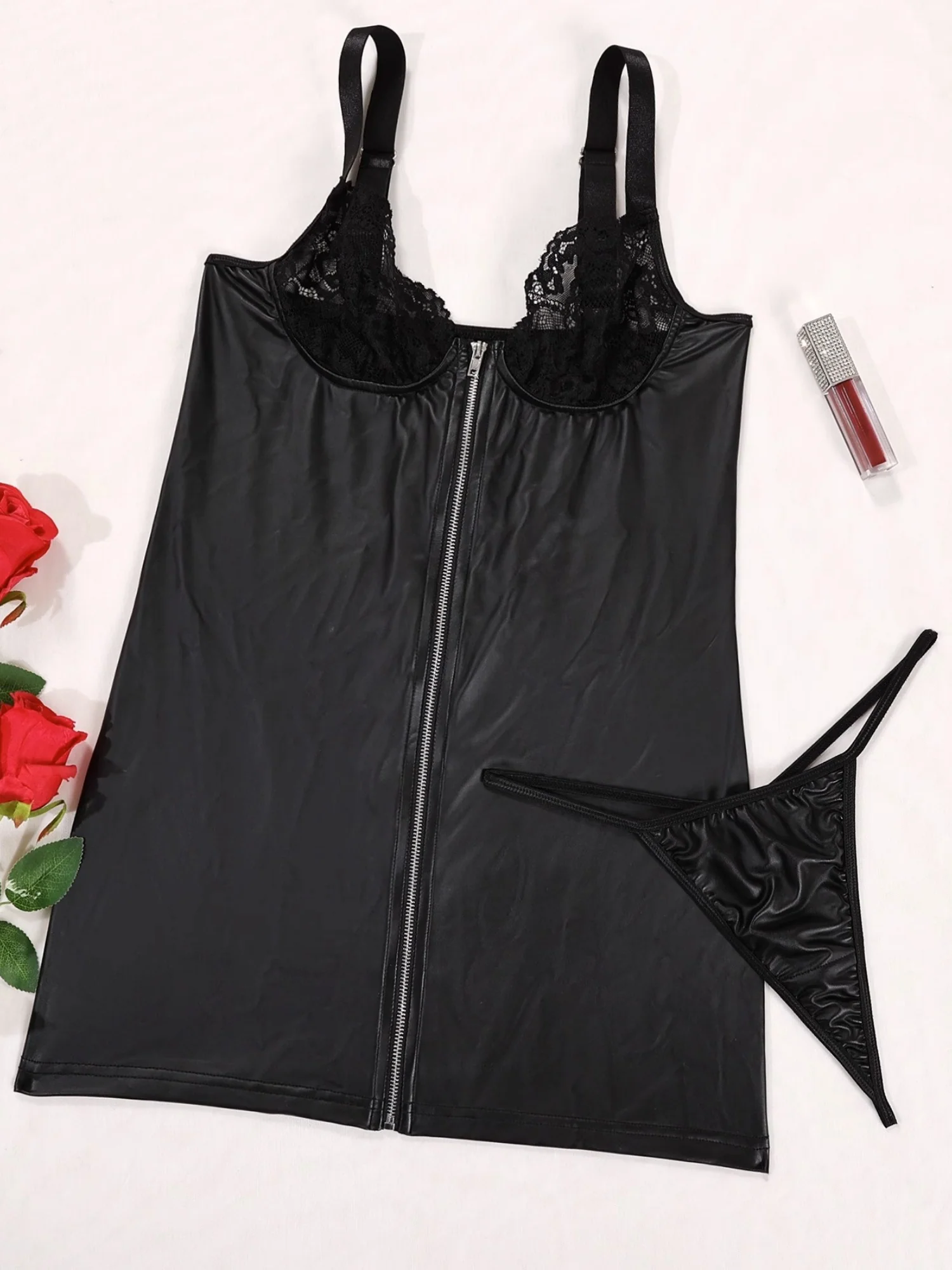 Patent Leather Lace Patchwork Zipper Mini&Short Dresses - Image 7