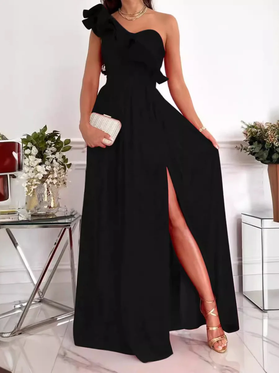 Sloping Shoulders Ruffle Slit Parties Maxi Dresses - Image 2