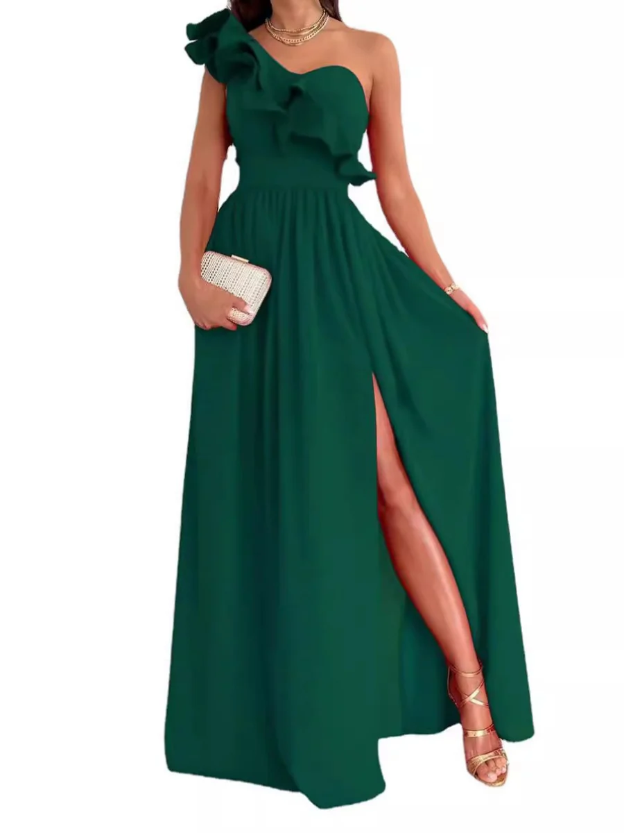 Sloping Shoulders Ruffle Slit Parties Maxi Dresses - Image 3