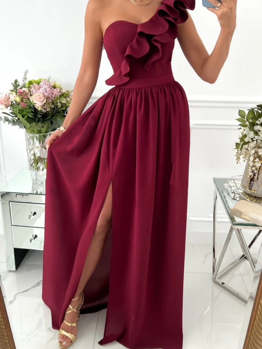 Sloping Shoulders Ruffle Slit Parties Maxi Dresses - Image 6