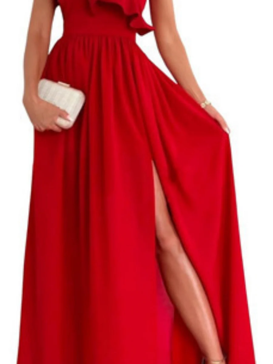 Sloping Shoulders Ruffle Slit Parties Maxi Dresses - Image 7