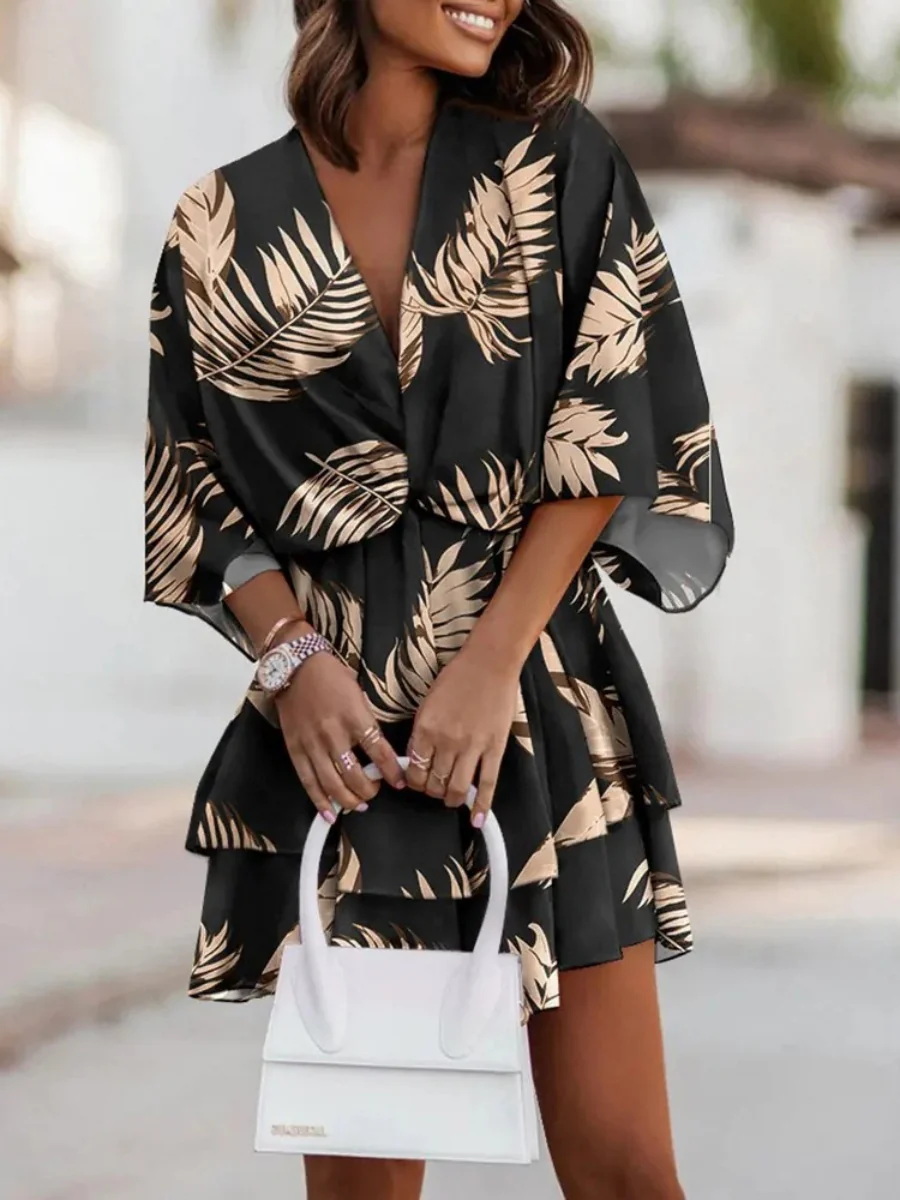 Loose-fit Batwing Sleeves Printed Commuting Mini&Short Dresses - Image 11