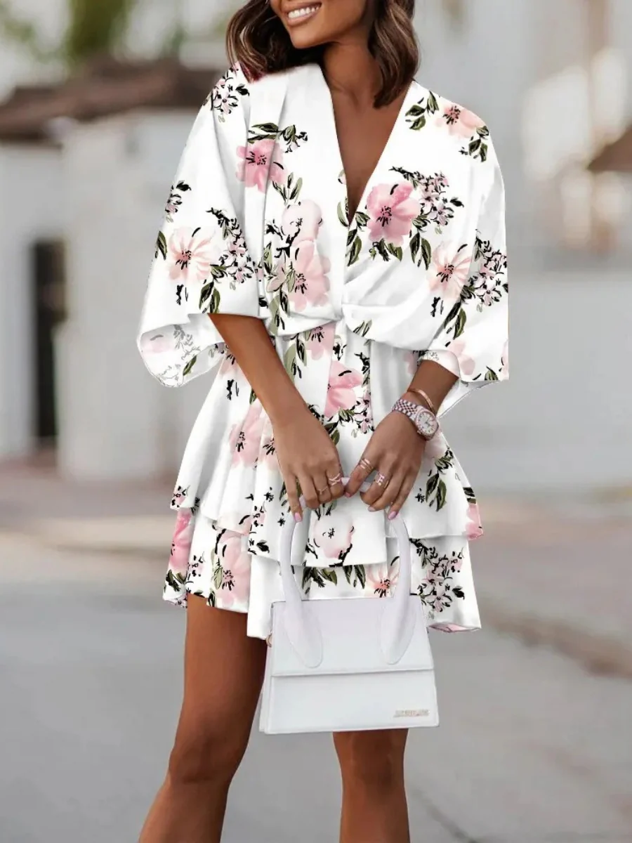 Loose-fit Batwing Sleeves Printed Commuting Mini&Short Dresses - Image 12