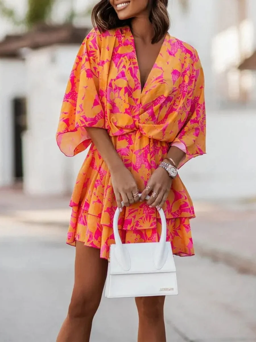 Loose-fit Batwing Sleeves Printed Commuting Mini&Short Dresses - Image 14