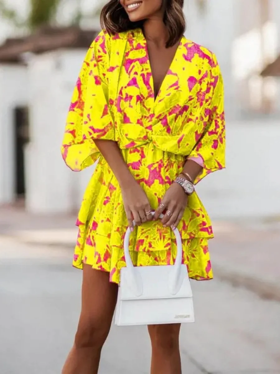 Loose-fit Batwing Sleeves Printed Commuting Mini&Short Dresses - Image 3