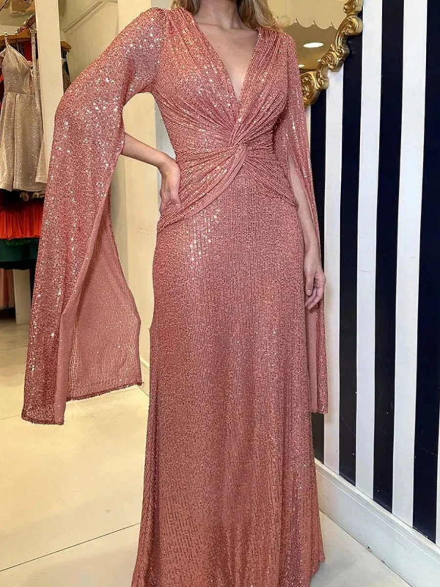 V-neck Hip-hugging Sequins Cloak Parties Maxi Dresses - Image 11