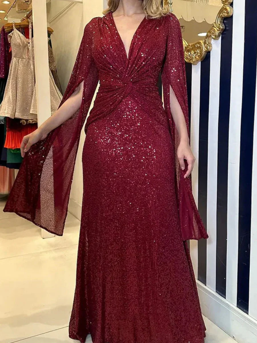 V-neck Hip-hugging Sequins Cloak Parties Maxi Dresses - Image 13