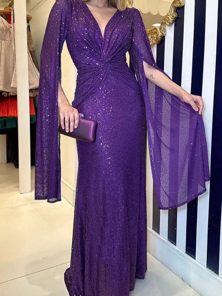 V-neck Hip-hugging Sequins Cloak Parties Maxi Dresses - Image 14
