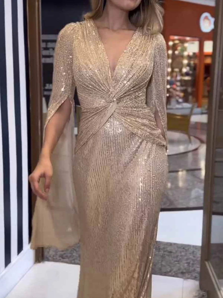 V-neck Hip-hugging Sequins Cloak Parties Maxi Dresses - Image 2