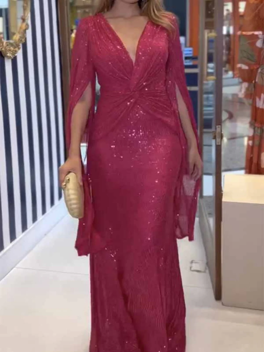 V-neck Hip-hugging Sequins Cloak Parties Maxi Dresses - Image 8