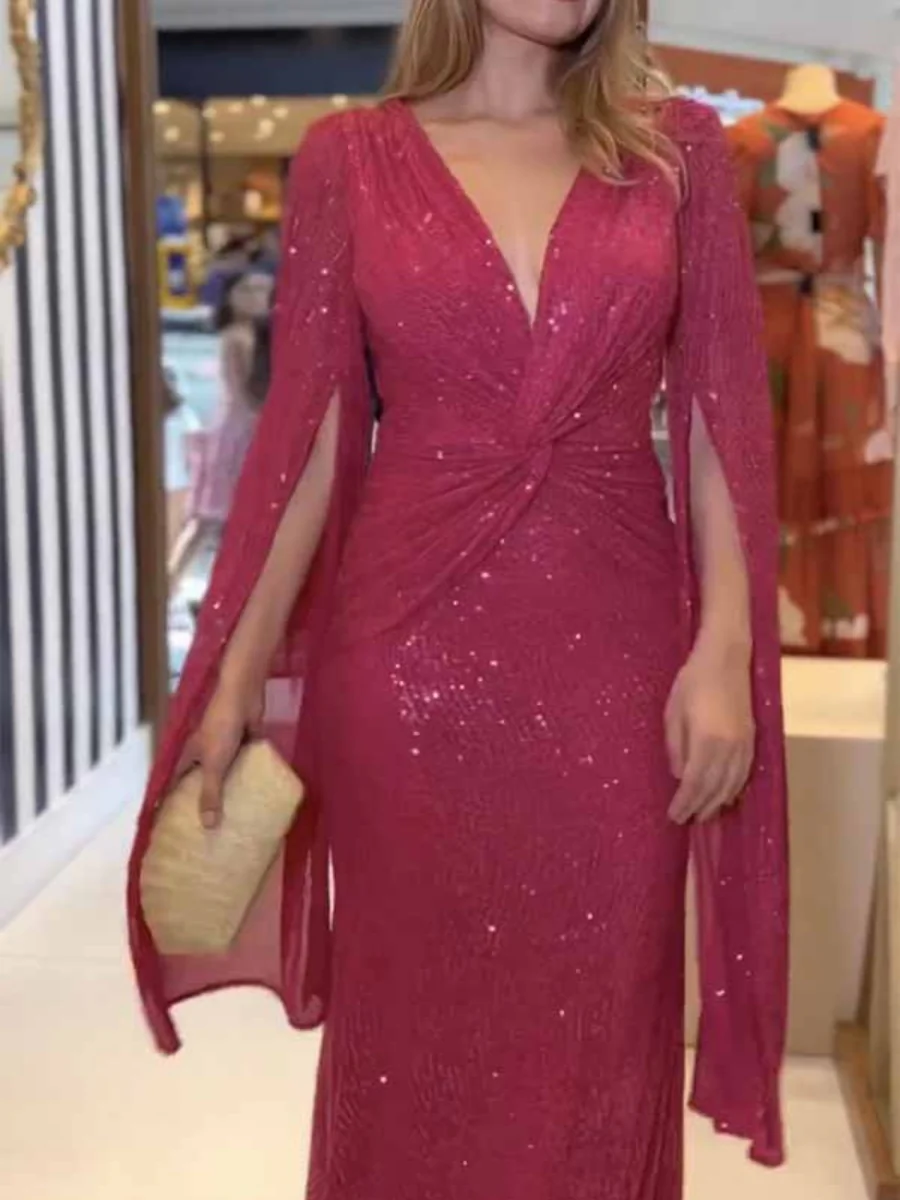 V-neck Hip-hugging Sequins Cloak Parties Maxi Dresses - Image 9