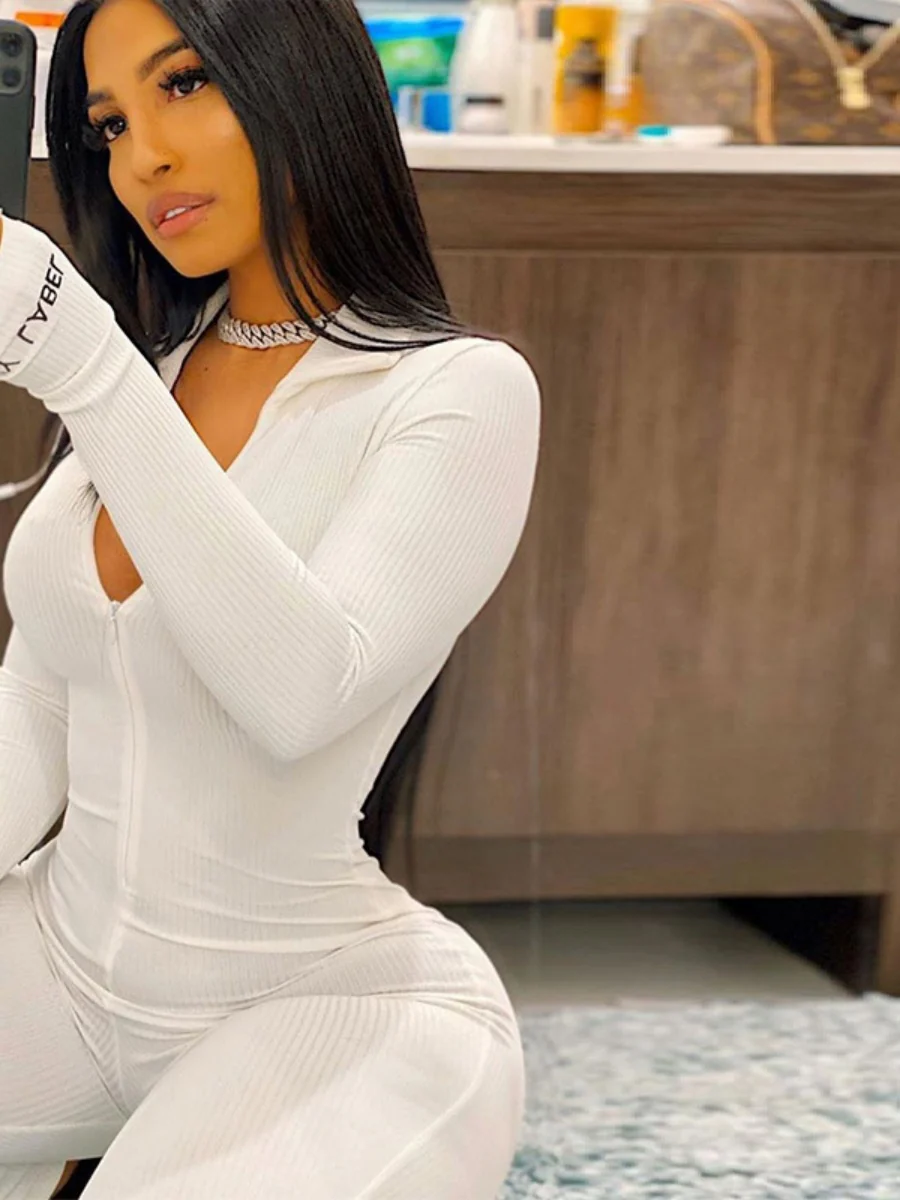 Zippered Elastic High-Neck Embroidered Slim Fit Fitness Jumpsuit - Image 4