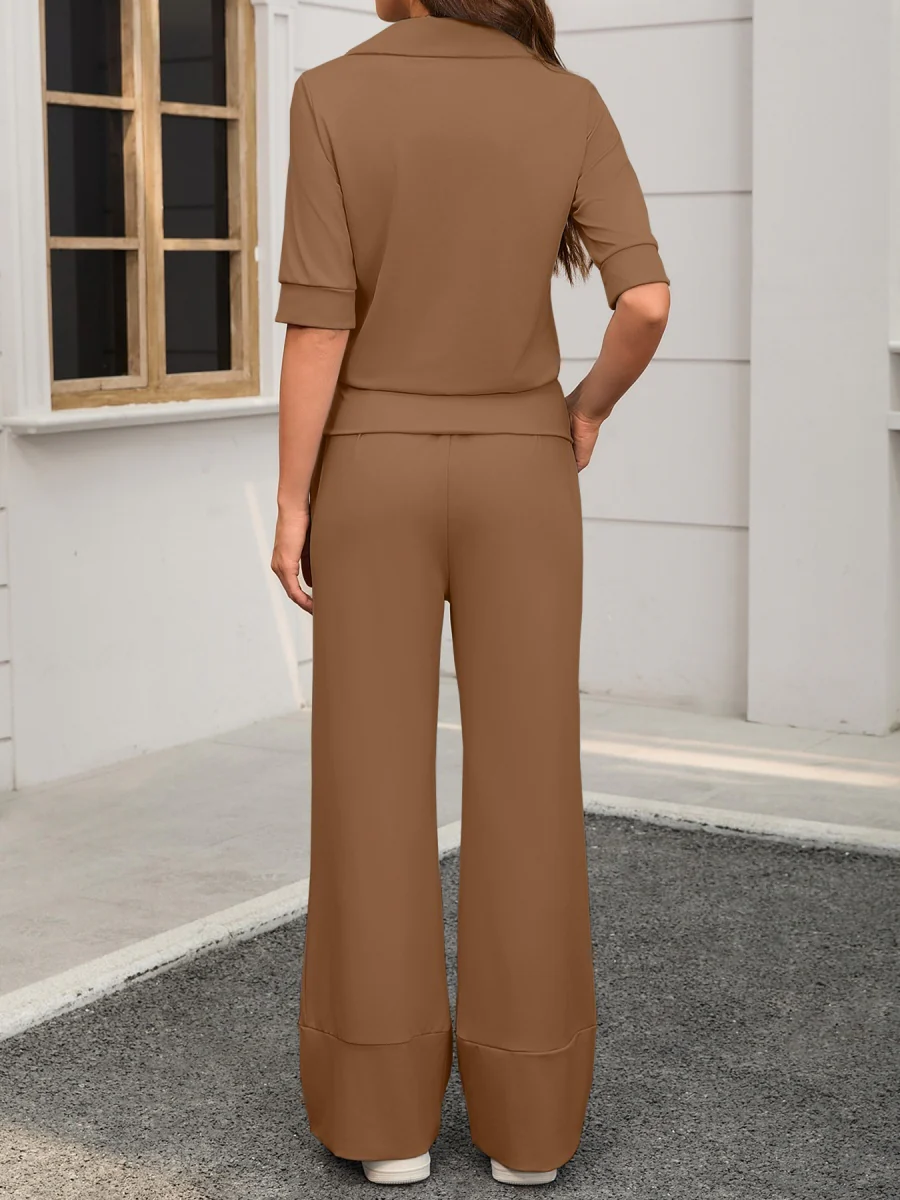 Collared Short-sleeved Top And Elastic Wide-leg Pants Two-piece Set - Image 6