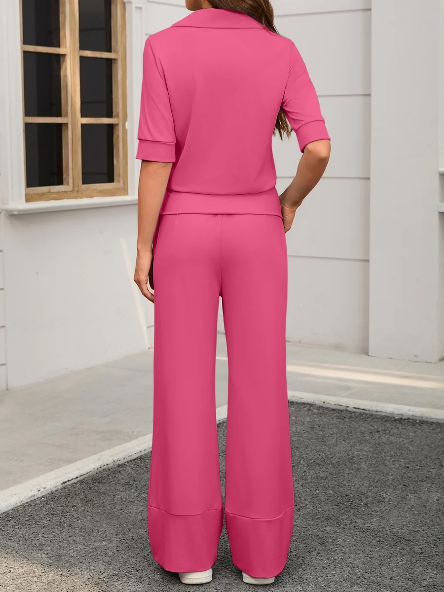 Collared Short-sleeved Top And Elastic Wide-leg Pants Two-piece Set - Image 8