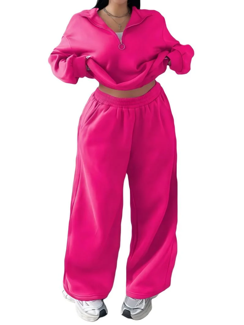 Half-open Pullover Sweatshirt And Trousers Two-piece Set - Image 4