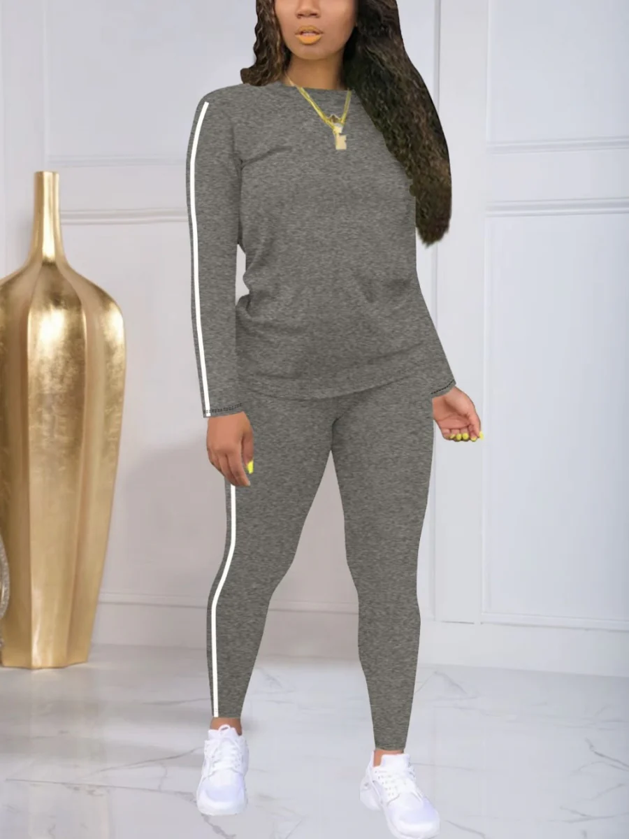 Casual Sports Color-blocked Striped Long-sleeved Top And Trousers Two-piece Set - Image 4