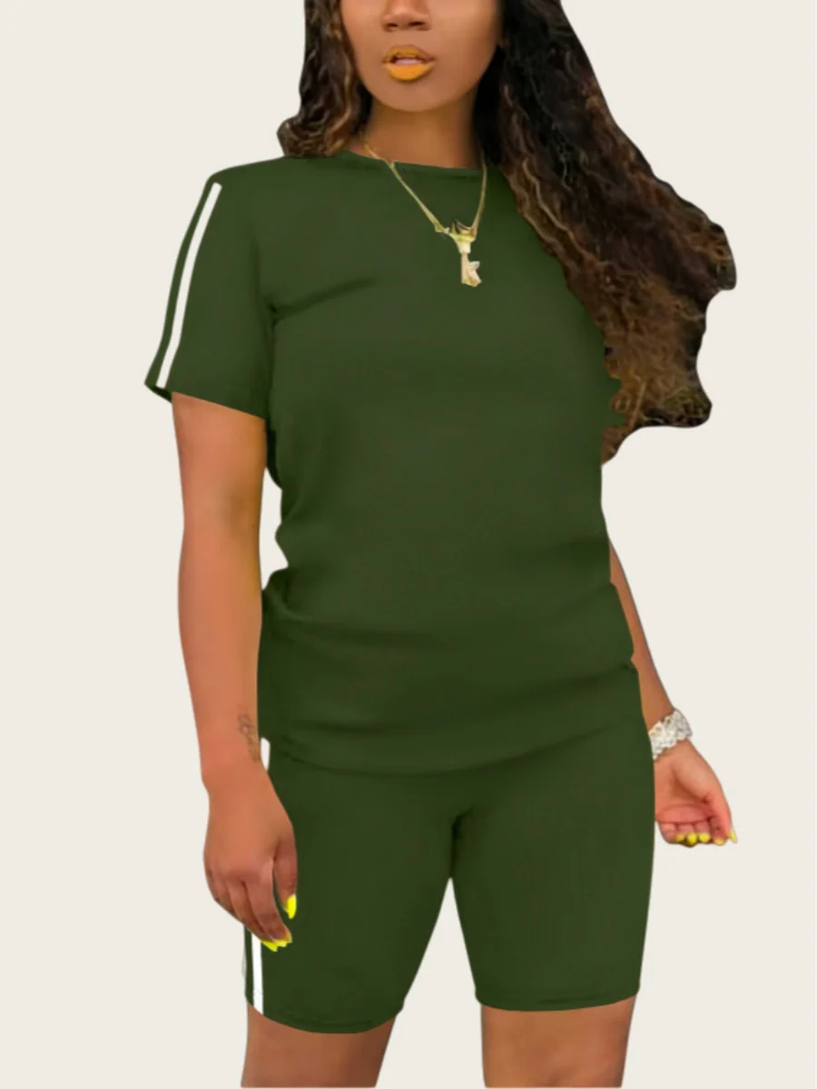 Casual Sporty Color-blocked Striped Short-sleeved Top And Shorts Two-piece Set - Image 3