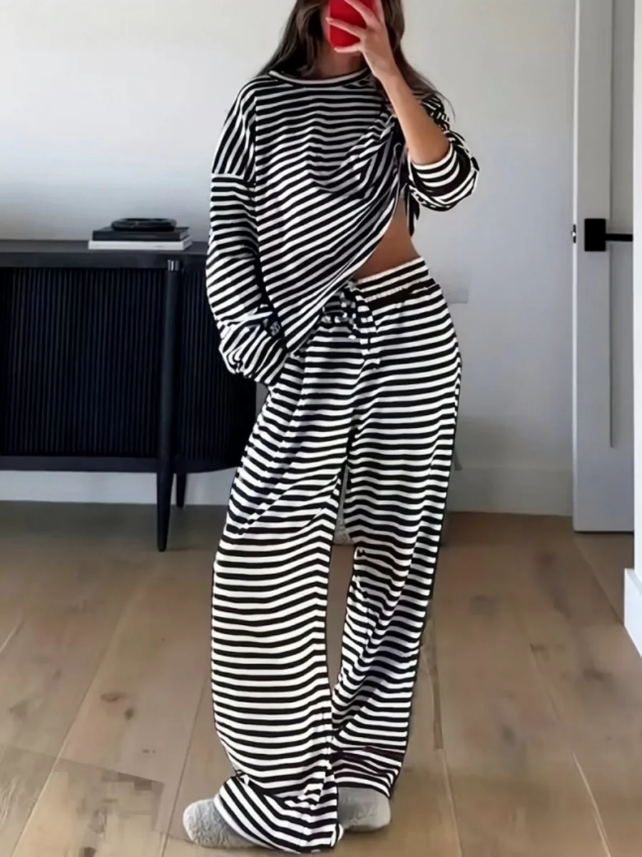 Striped Long-sleeved Top And High-waisted Trousers, Women's Fashionable And Casual Two-piece Set