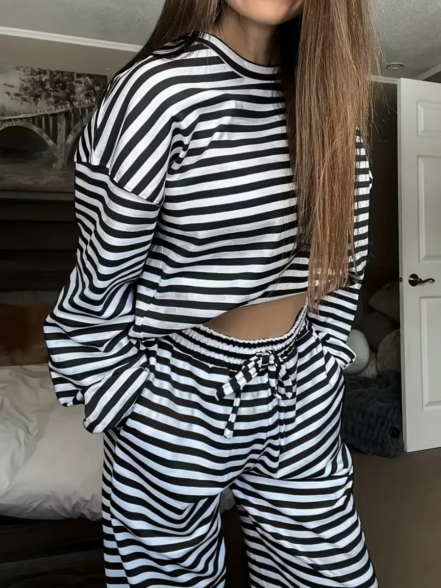 Striped Long-sleeved Top And High-waisted Trousers, Women's Fashionable And Casual Two-piece Set - Image 2