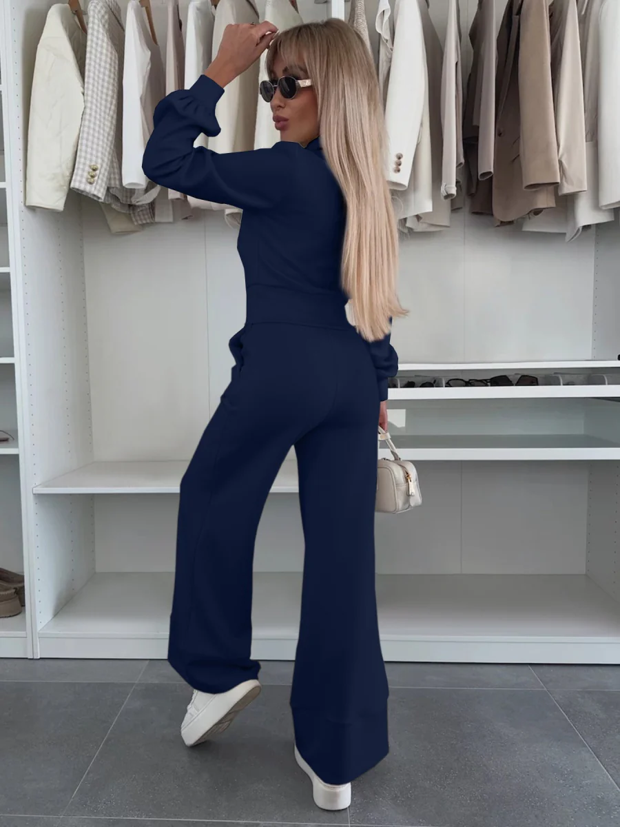 Long-sleeved Collared Top And Elastic Wide-leg Pants Two-piece Set - Image 2