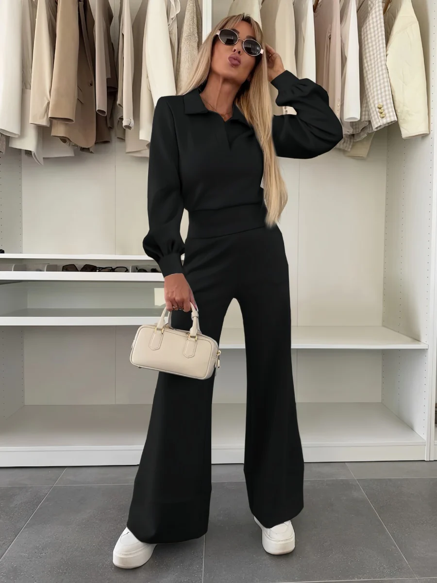 Long-sleeved Collared Top And Elastic Wide-leg Pants Two-piece Set - Image 3
