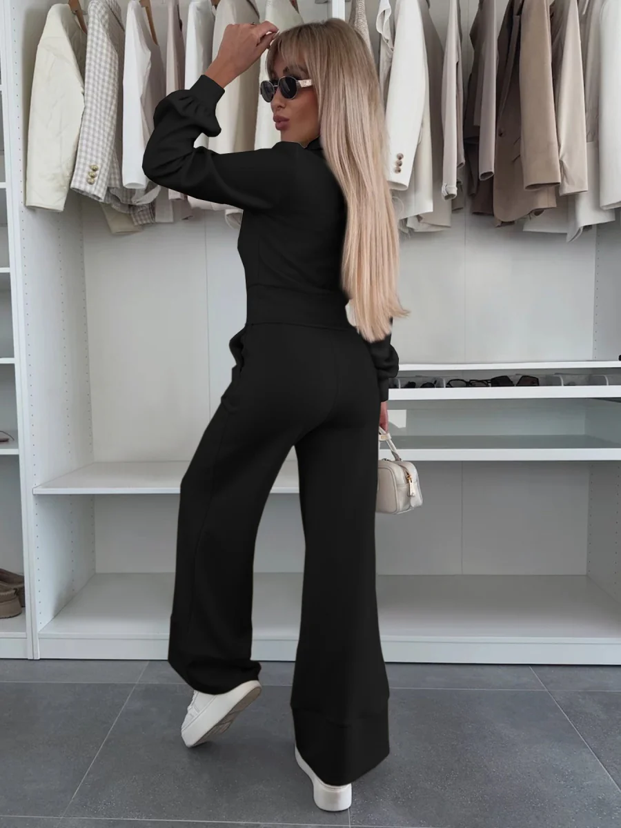 Long-sleeved Collared Top And Elastic Wide-leg Pants Two-piece Set - Image 4