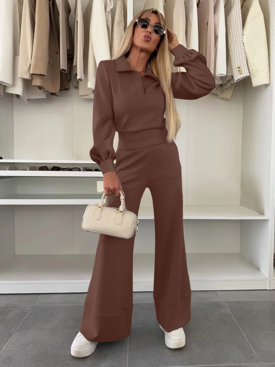 Long-sleeved Collared Top And Elastic Wide-leg Pants Two-piece Set - Image 5