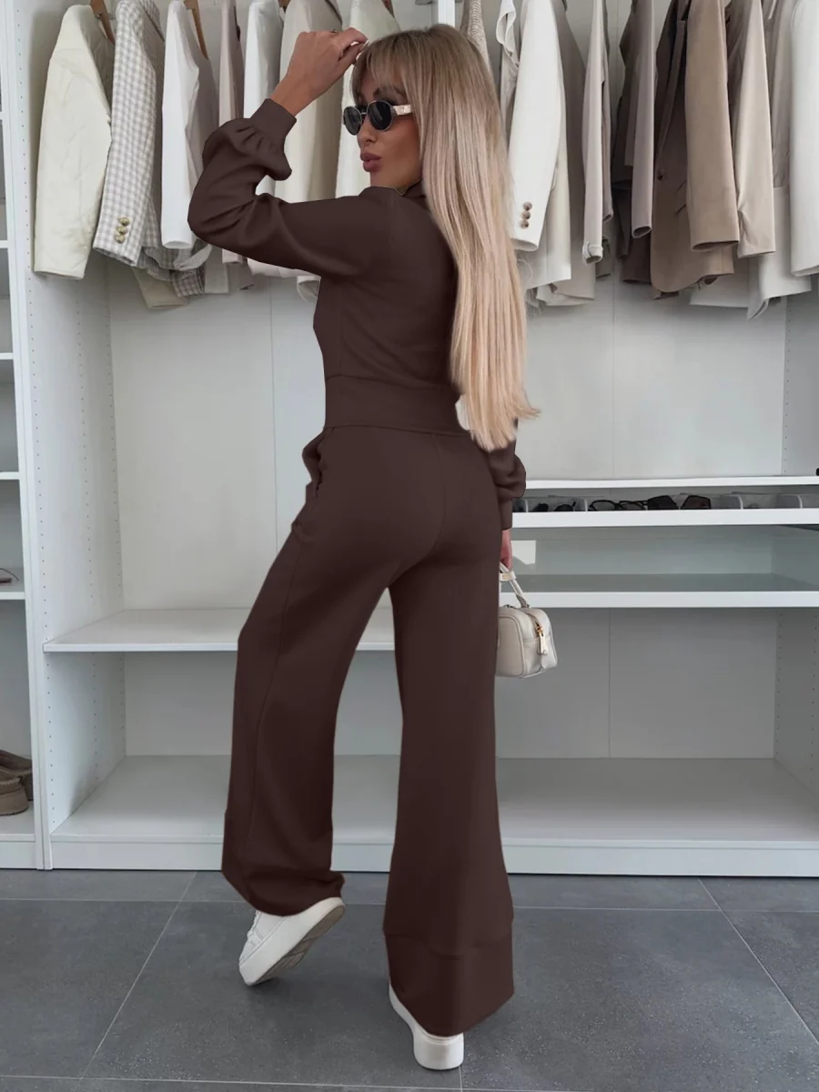 Long-sleeved Collared Top And Elastic Wide-leg Pants Two-piece Set - Image 6
