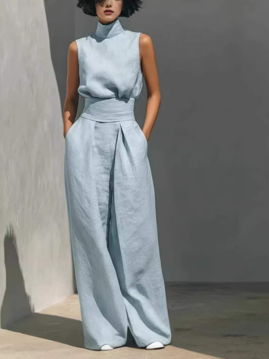 Turtleneck Simplicity Jacket High Waist Wide-leg Pants Set 2-piece Sets