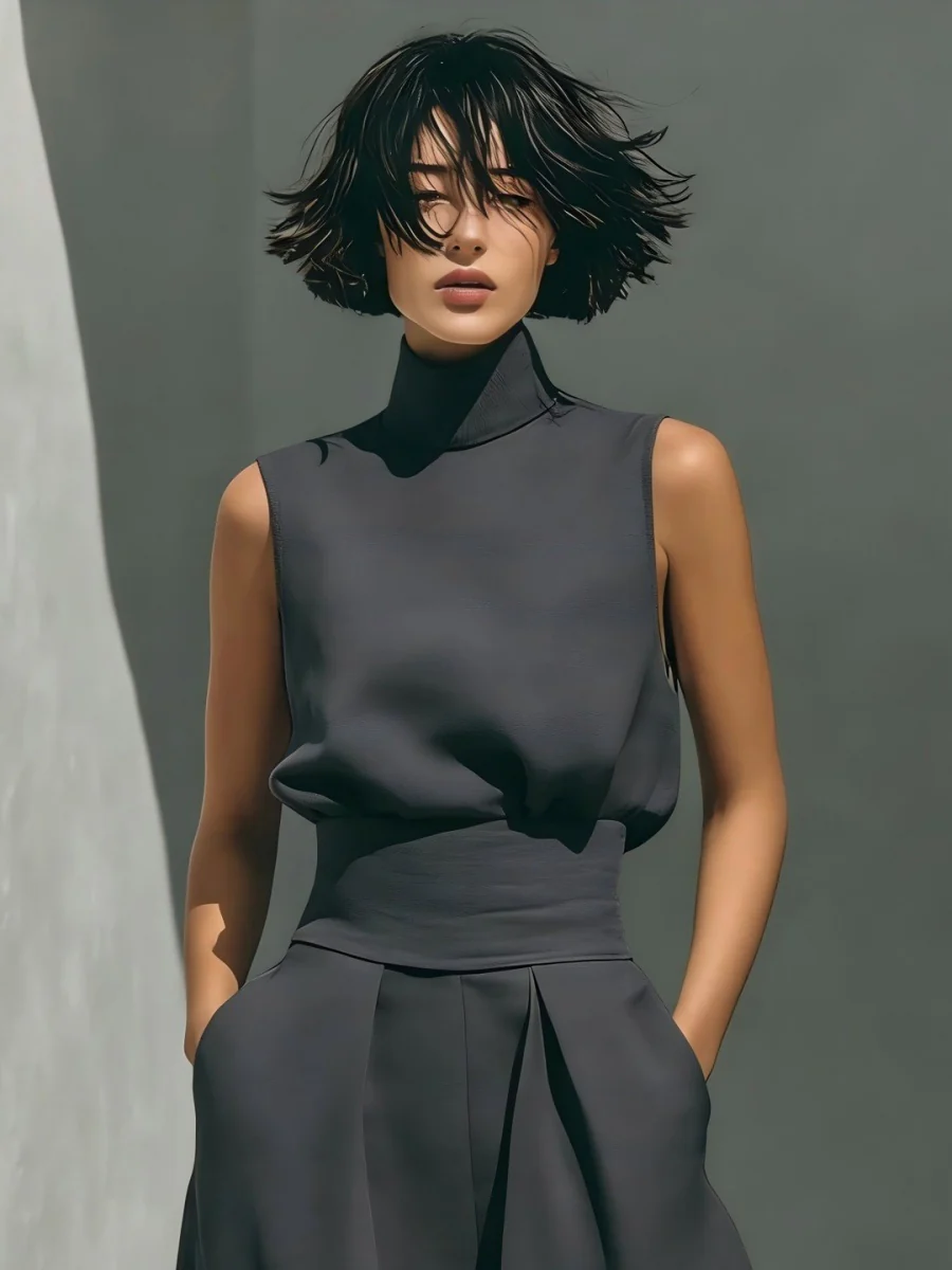 Turtleneck Simplicity Jacket High Waist Wide-leg Pants Set 2-piece Sets - Image 10