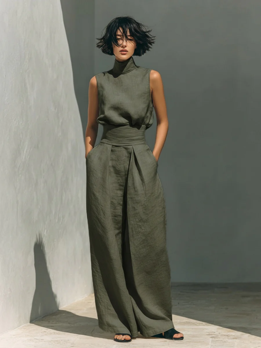 Turtleneck Simplicity Jacket High Waist Wide-leg Pants Set 2-piece Sets - Image 6