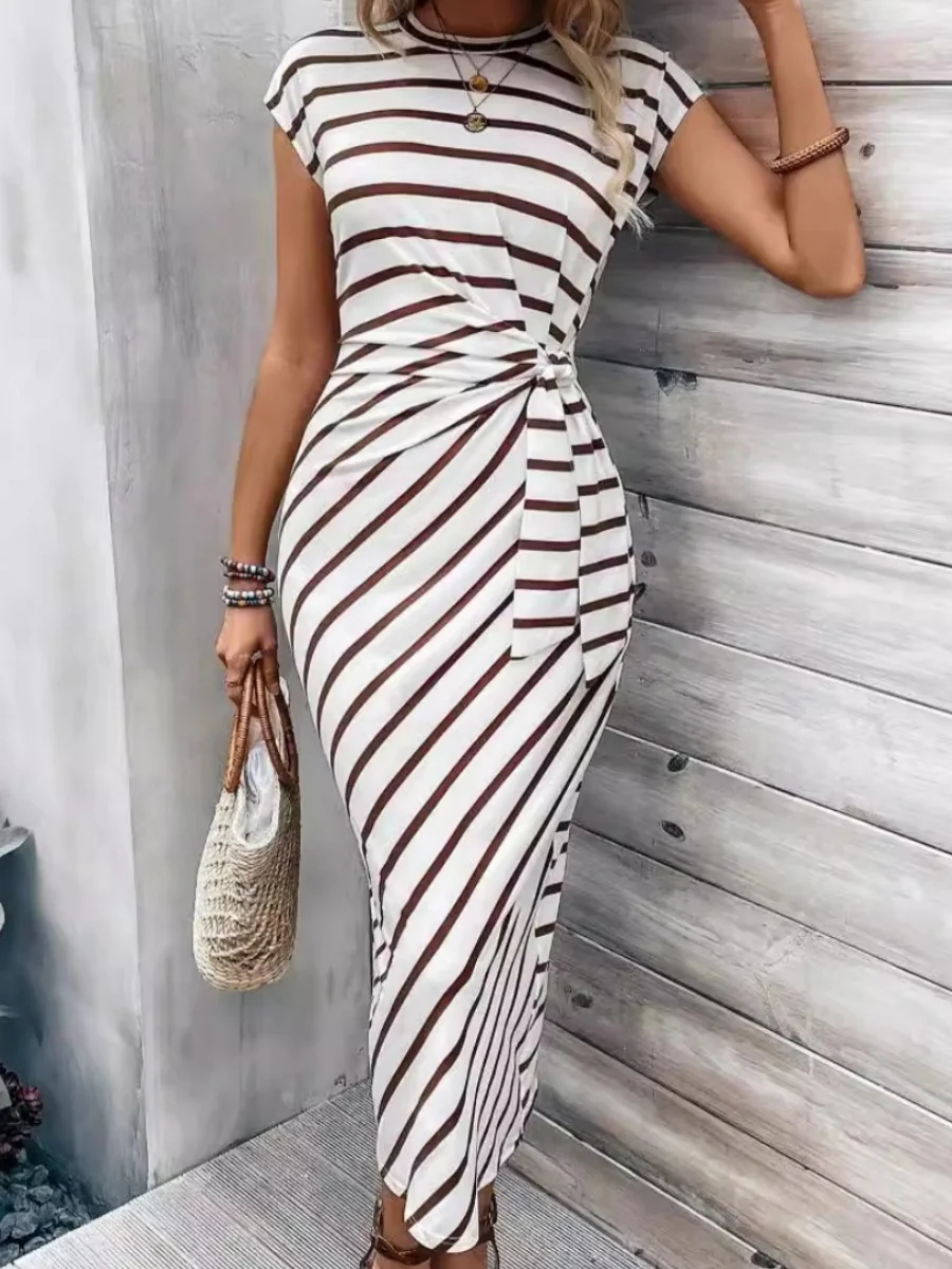 Bandage Stripes Crew Neck Short Sleeve Maxi Dresses