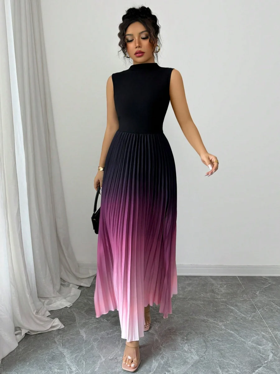 Crew Neck Sleeveless Gradient Maxi Dresses - Image 3