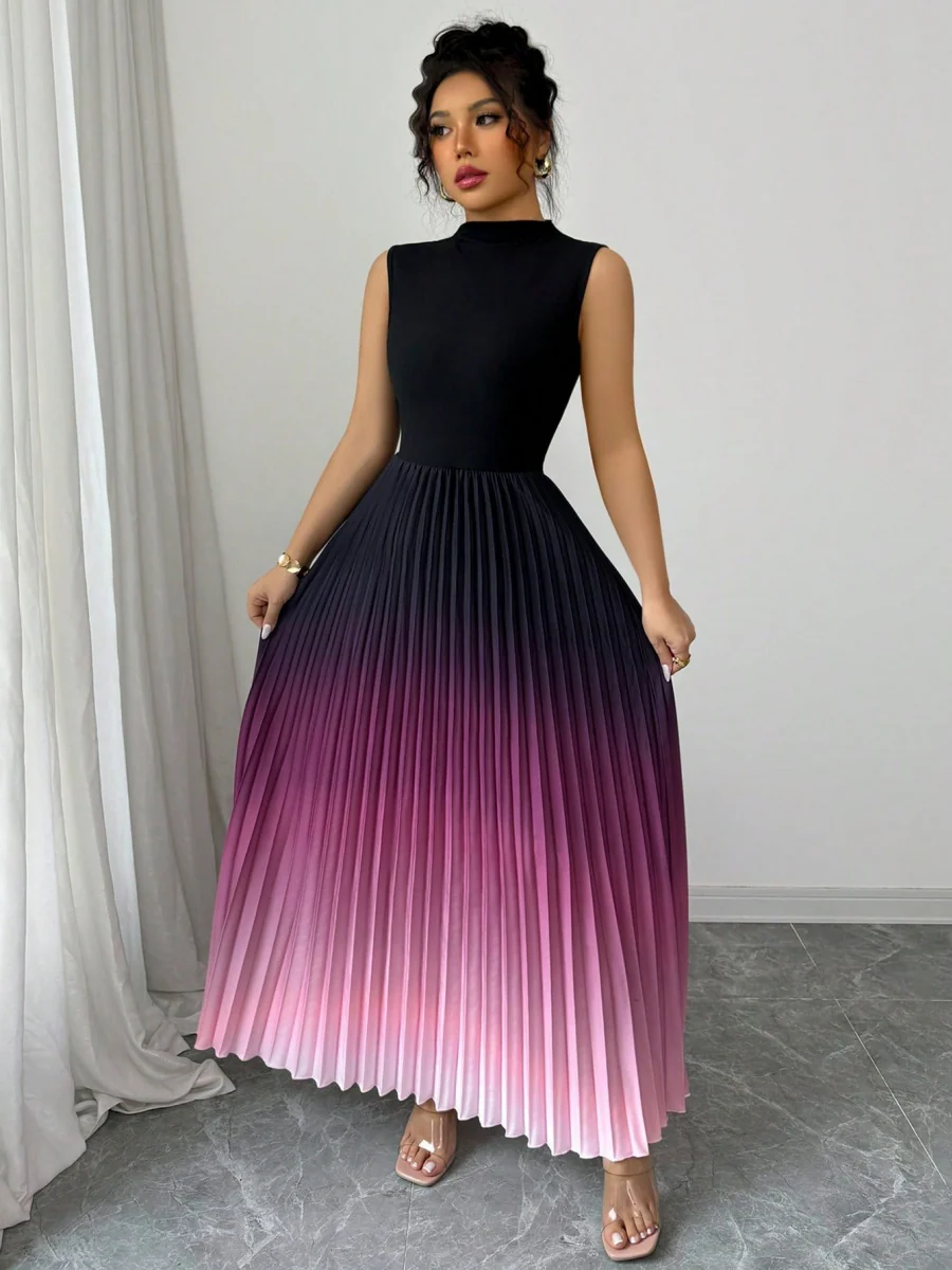 Crew Neck Sleeveless Gradient Maxi Dresses - Image 4