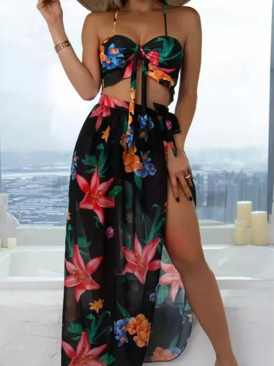 Floral Print Vacation Bikini Three-Piece Set - Image 8
