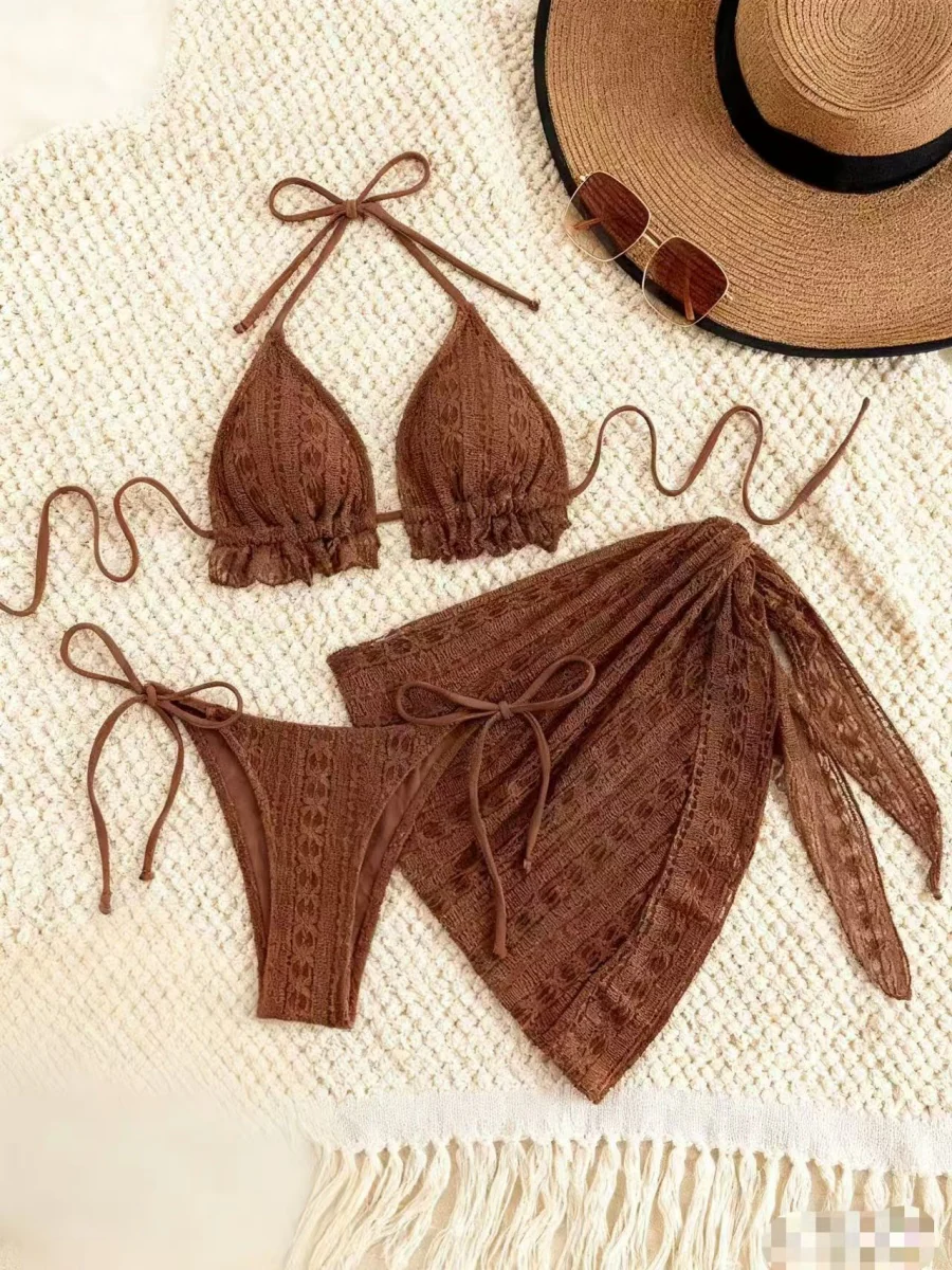 Solid Color Mesh Tie-up Bikini Three-piece Set - Image 2