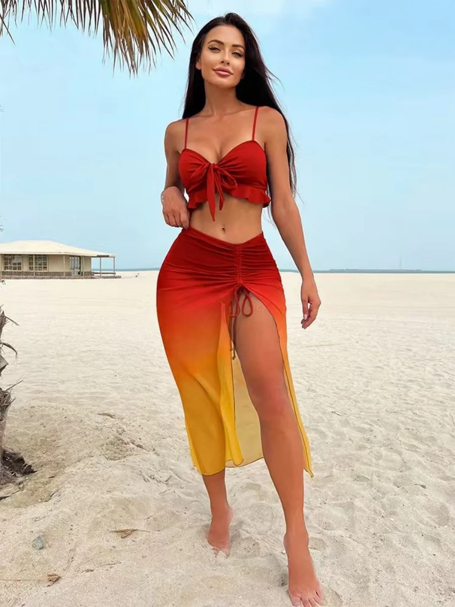 Gradient Print Bikini Three-Piece Set