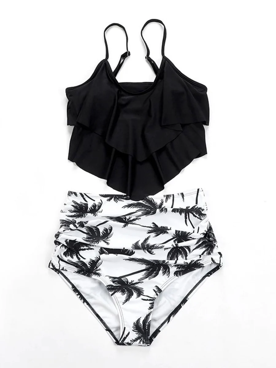 Ruffled Multi-Layer Coconut Tree Print Bikini - Image 3