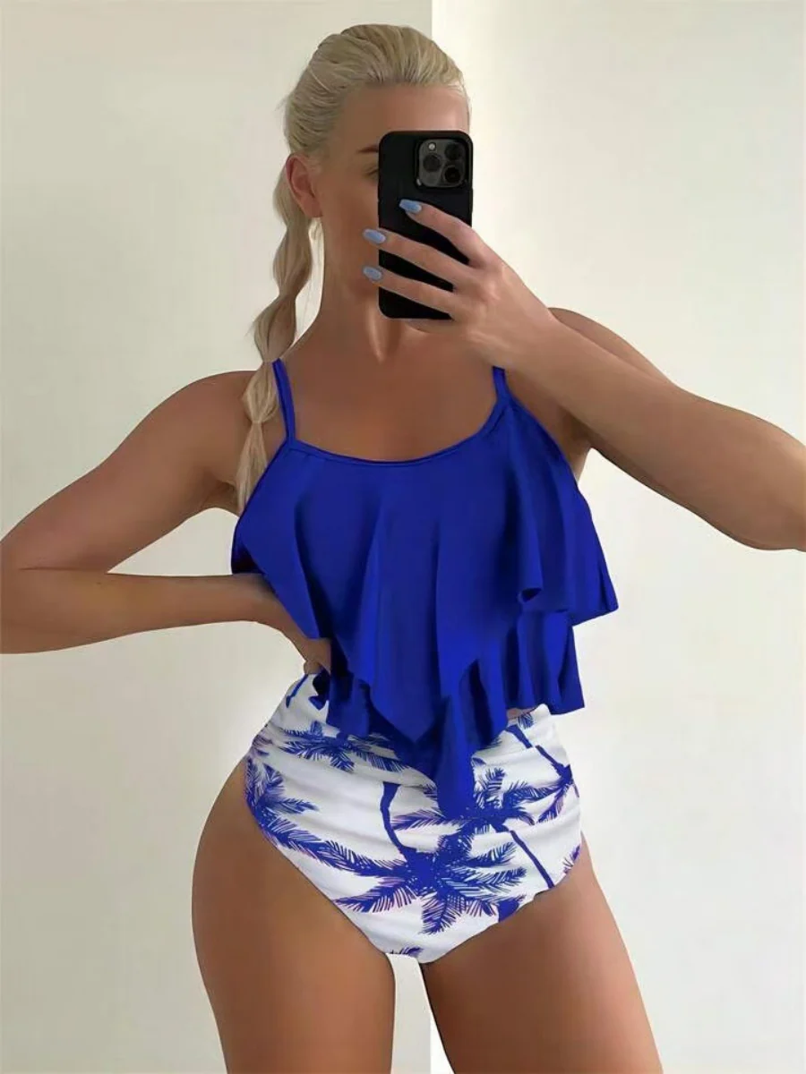 Ruffled Multi-Layer Coconut Tree Print Bikini - Image 4