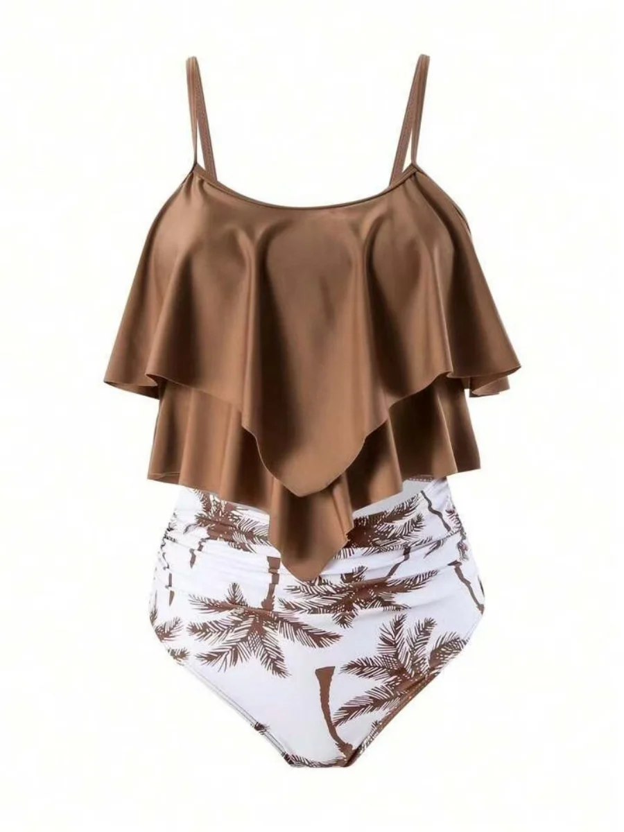 Ruffled Multi-Layer Coconut Tree Print Bikini - Image 7