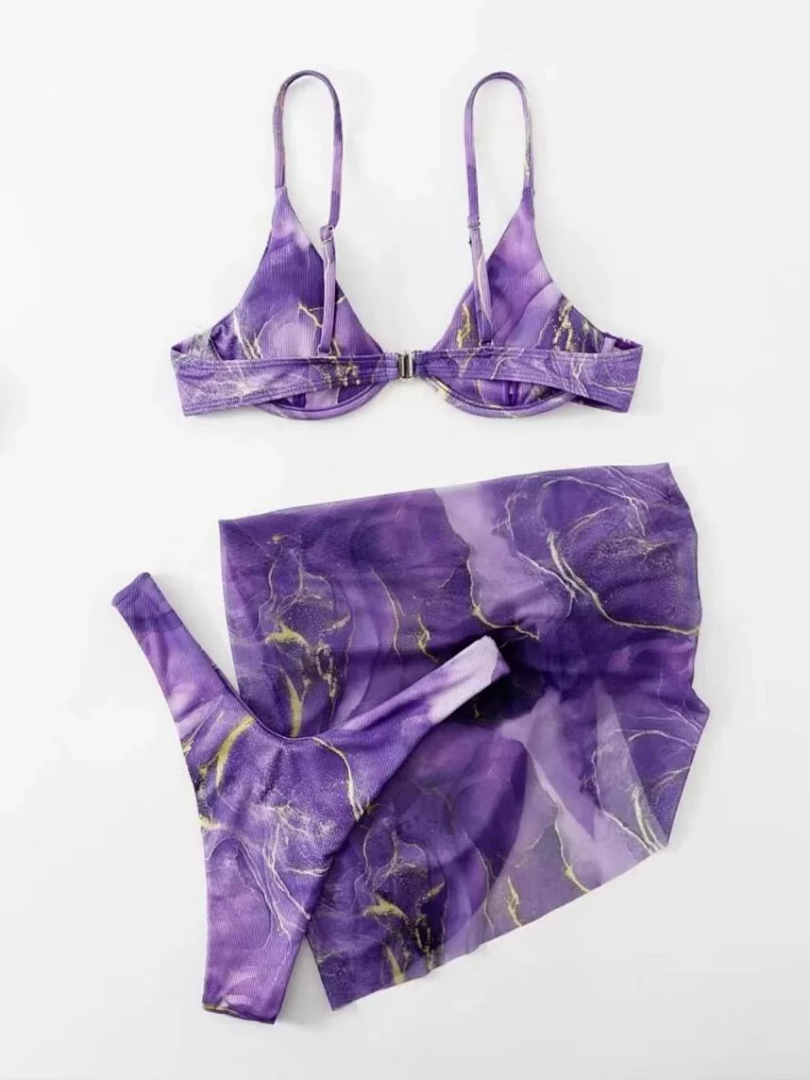 Marble Print Bikini Three-piece Set - Image 3