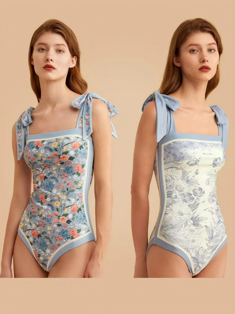 Double-sided Printed Retro-style Fresh Strapless Tie-up Swimsuit